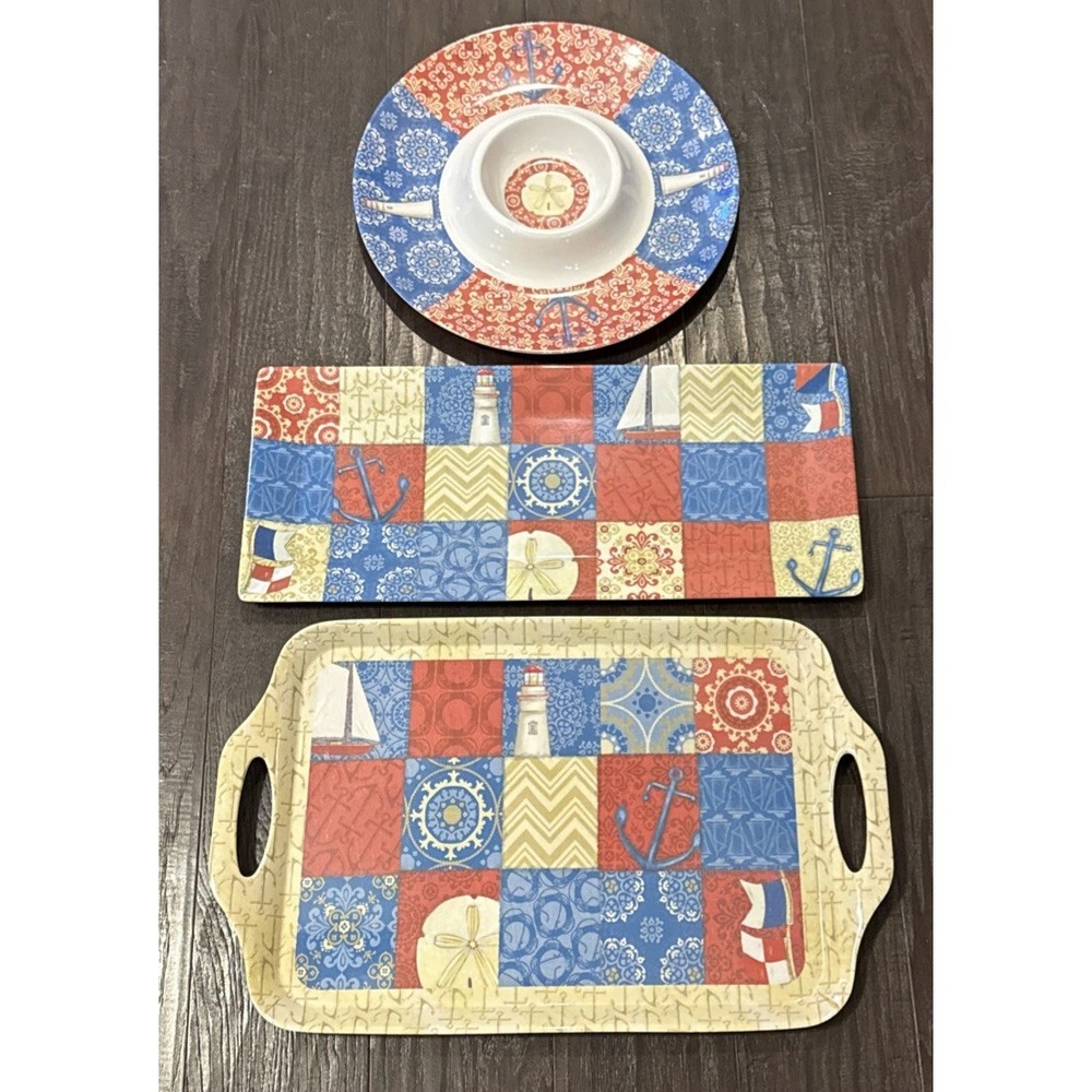 Certified International Melamine Nautical Chip Dip Platters Tray Set Of 3 Beach‎